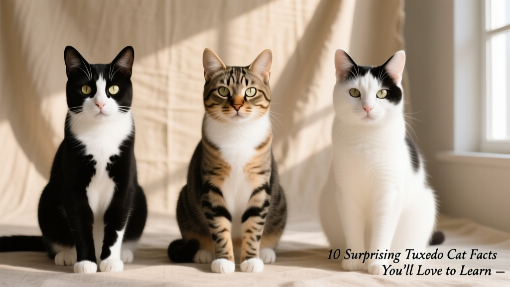 Side-by-side comparison of three tuxedo cats showing slight variations in white spotting: minimal, classic, and high-white