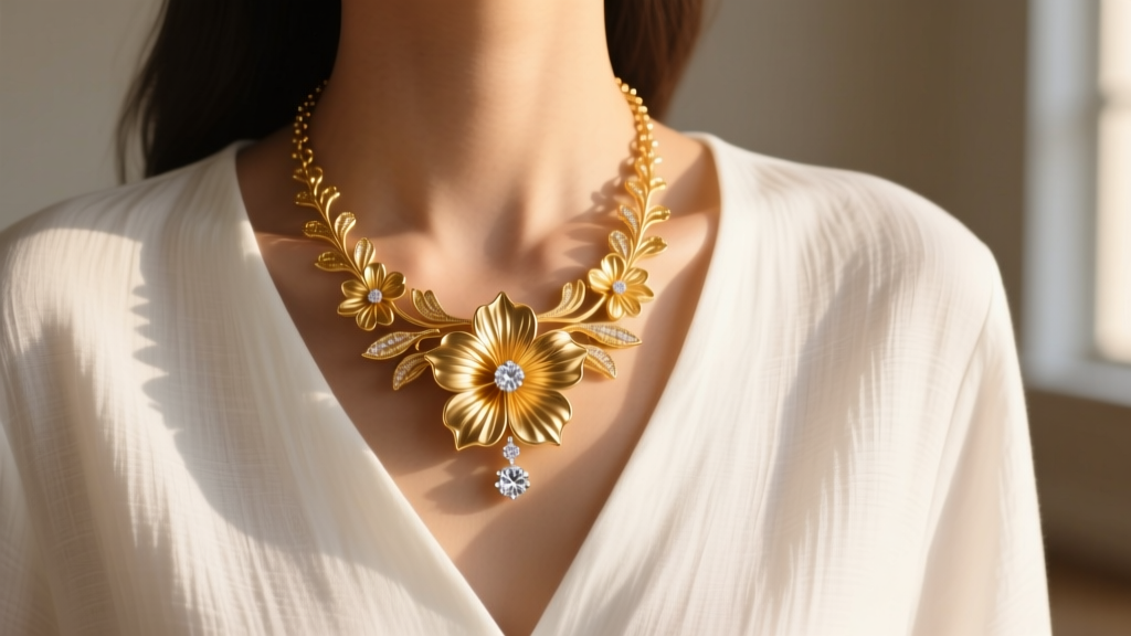 Layered gold hibiscus necklace with a delicate diamond solitaire, styled with a white linen V-neck shirt in warm natural sunlight