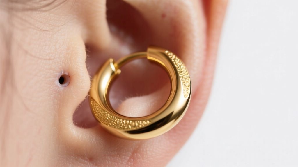 Extreme close-up of a thick 14-gauge solid gold huggie earring securely resting in a healed earlobe piercing under studio lights.