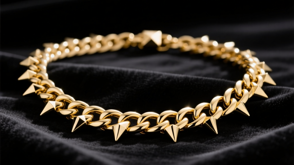 A 14k yellow gold Cuban link chain necklace with polished cone spikes and pyramid studs resting on dark velvet fabric.