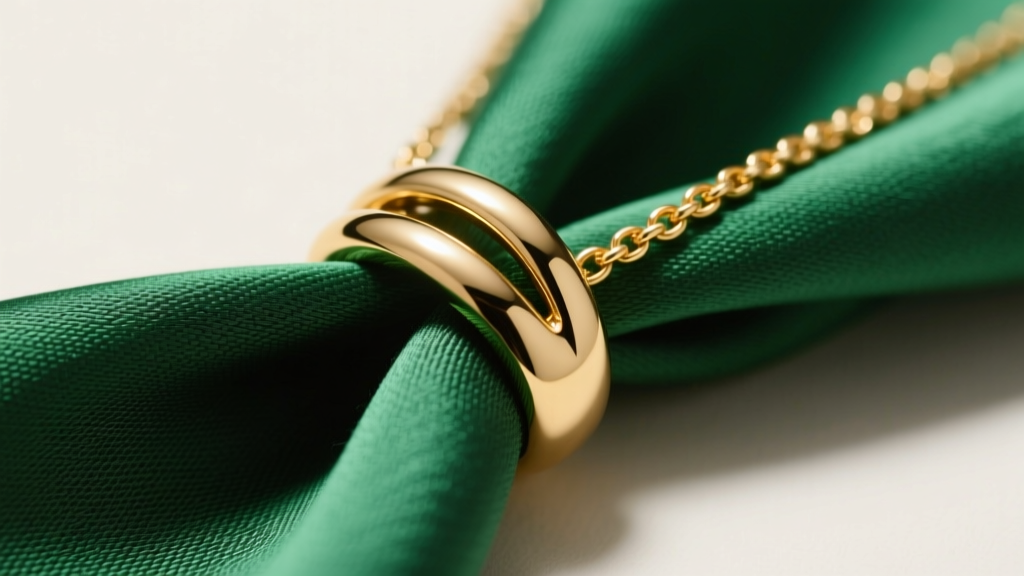 Macro shot of an 18k gold scarf necklace bail threading green silk, showing the mirror-polished metal and tight fabric weave.
