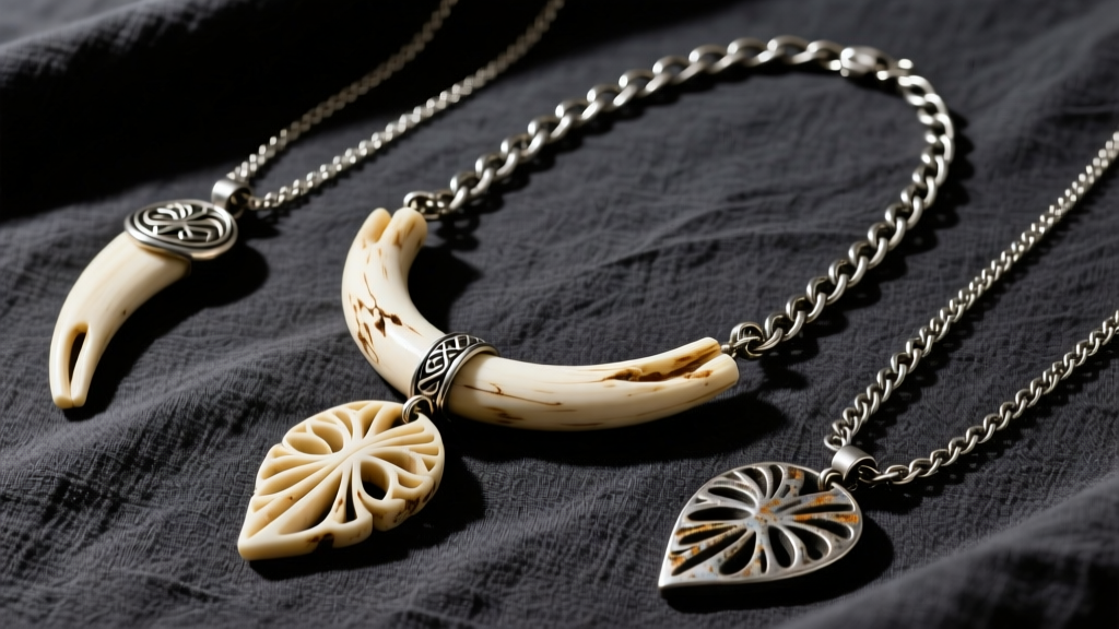 Flat lay of mixed-media Bony Levy necklaces with carved bone pendants and oxidized sterling silver chains on dark linen.
