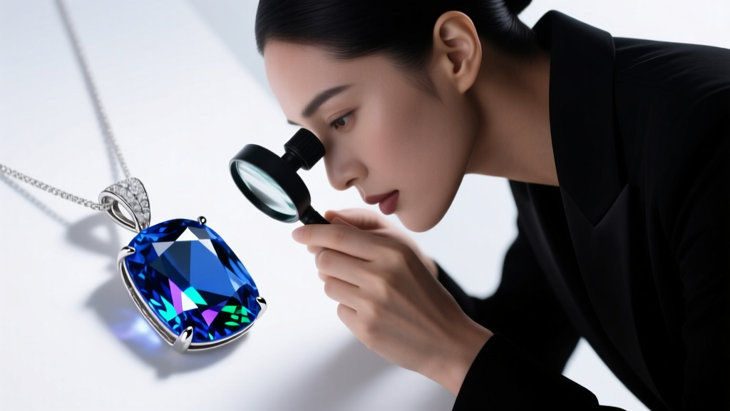 A jeweler using a 10x loupe to inspect a heat-treated Ceylon sapphire birthstone pendant under cool studio lights.