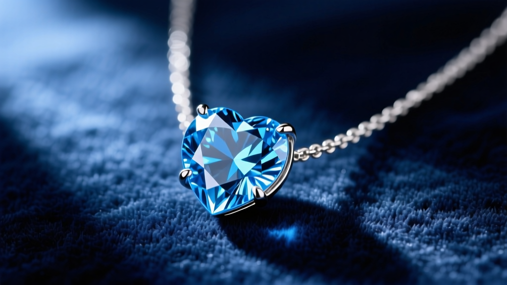 A macro shot of a blue cubic zirconia Titanic ocean heart necklace in rhodium-plated silver resting on dark navy velvet.