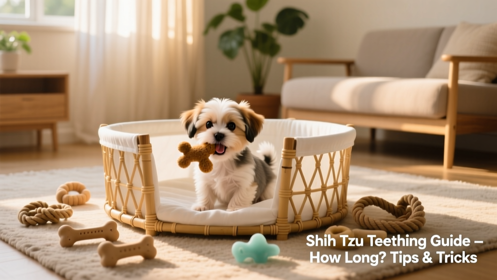 A tidy living room with a Shih Tzu puppy safely inside a low-profile playpen, surrounded by appropriate chew toys