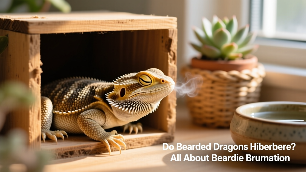 Close-up of a bearded dragon curled inside a cozy hide box, eyes closed but breathing steadily