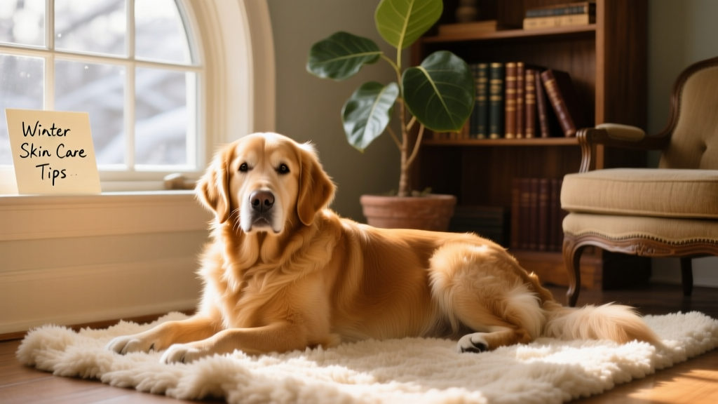 A cozy indoor scene with a dog resting on a soft rug near a window, sunlight filtering in—highlighting healthy, shiny coat texture