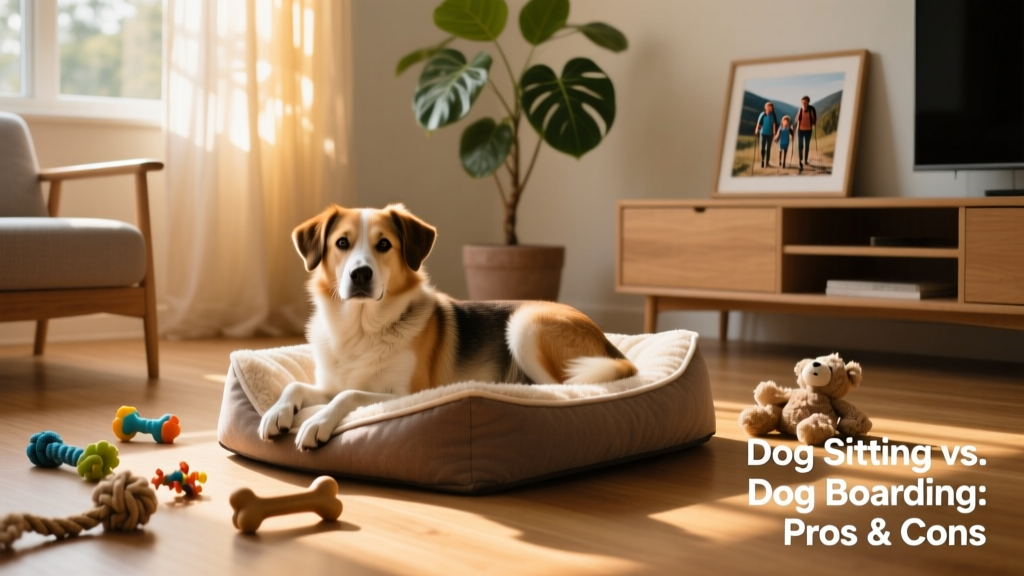 A calm, relaxed dog resting on its own bed in a sunlit living room with toys nearby