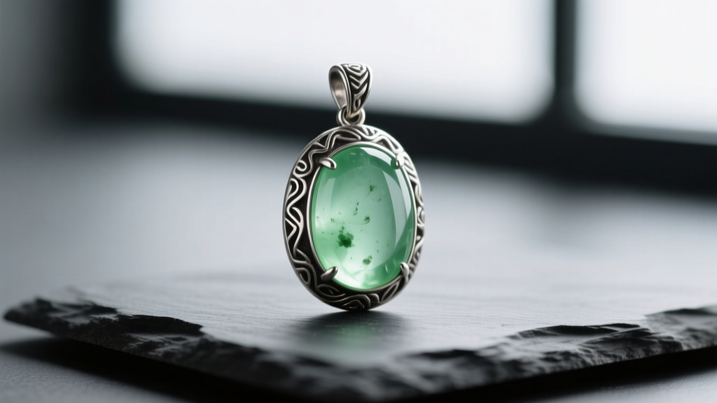 Macro photography of a translucent sage green prehnite cabochon pendant set in oxidized sterling silver, resting on dark slate.