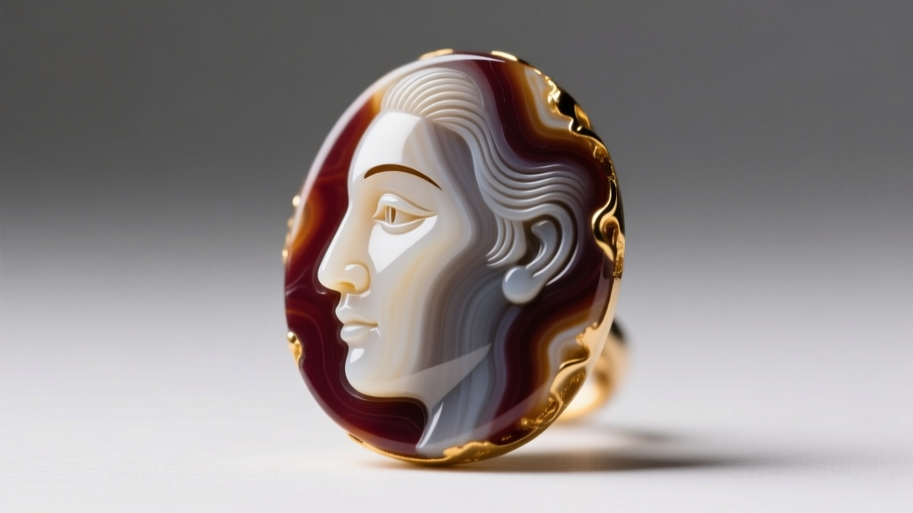 Macro shot of a sardonyx agate cameo earring revealing deep undercut carving and crisp facial details under bright studio lighting