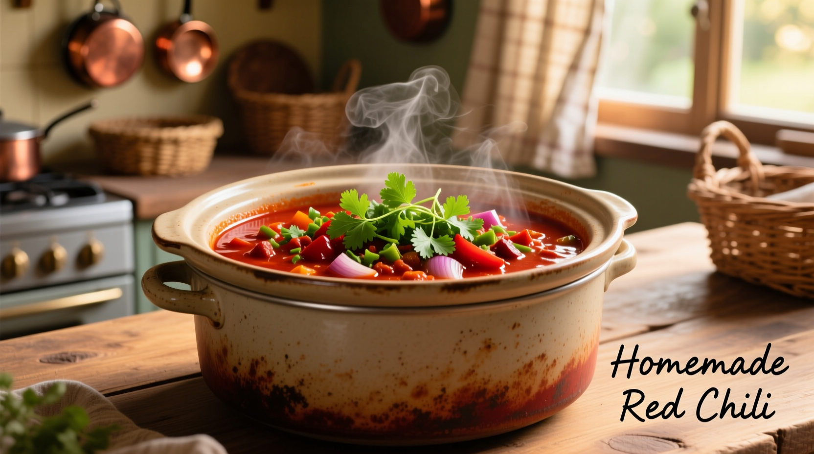 Crock pot filled with rich red chili topped with fresh cilantro