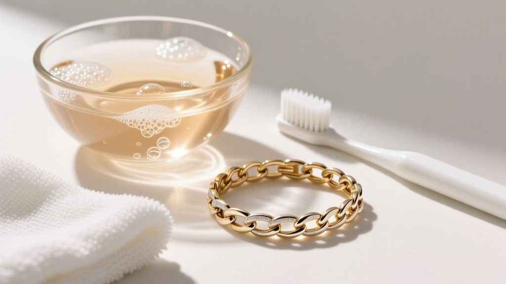 Glass bowl of warm soapy water, soft toothbrush, and microfiber cloth resting next to a sparkling 14k white gold tennis bracelet