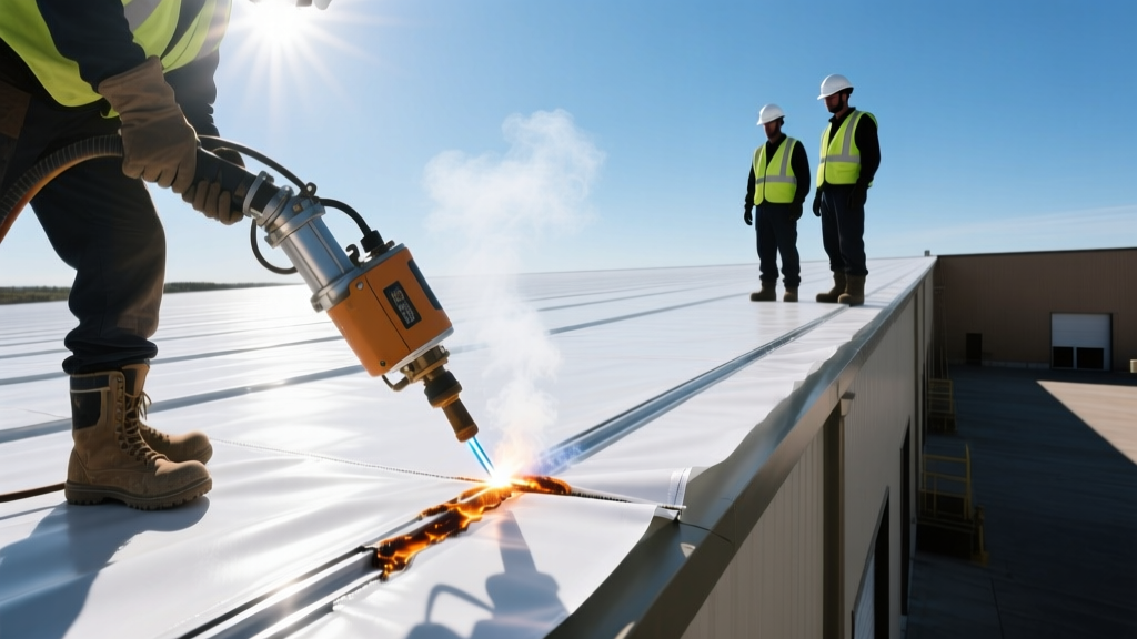 Crew heat-welding white TPO roofing material seams on a flat warehouse roof using automatic welding equipment under bright sunlight.