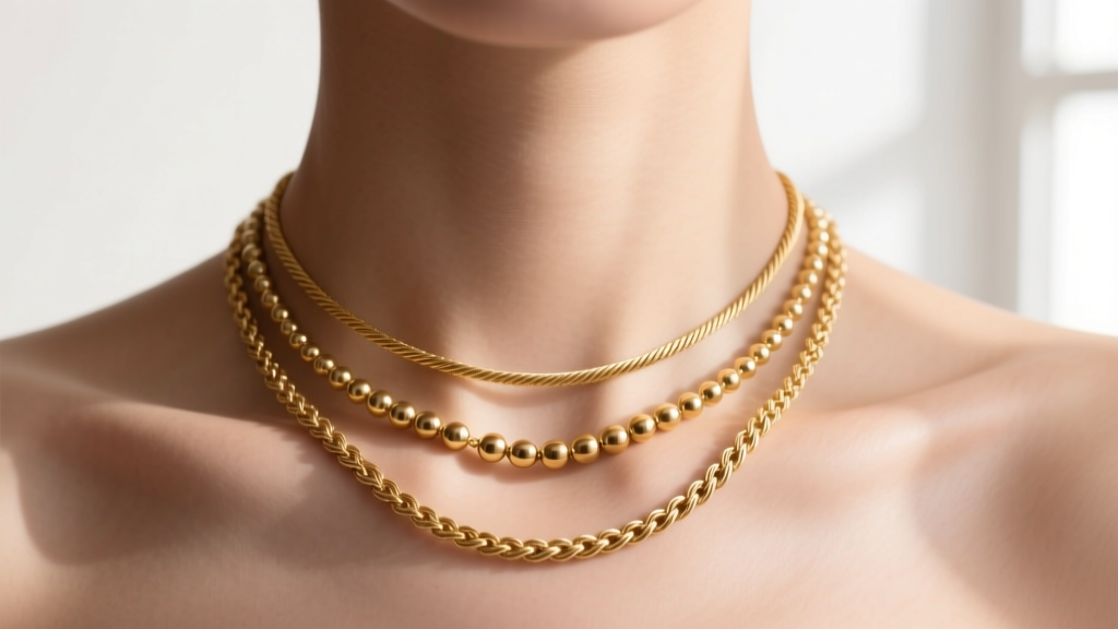 Macro shot of collarbone displaying three layered gold chains of varying lengths and textures resting perfectly without tangling