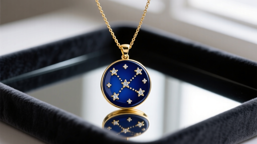 Dark blue enamel and gold vermeil night sky necklace pendant with tiny diamond stars, resting on a charcoal velvet jewelry tray.