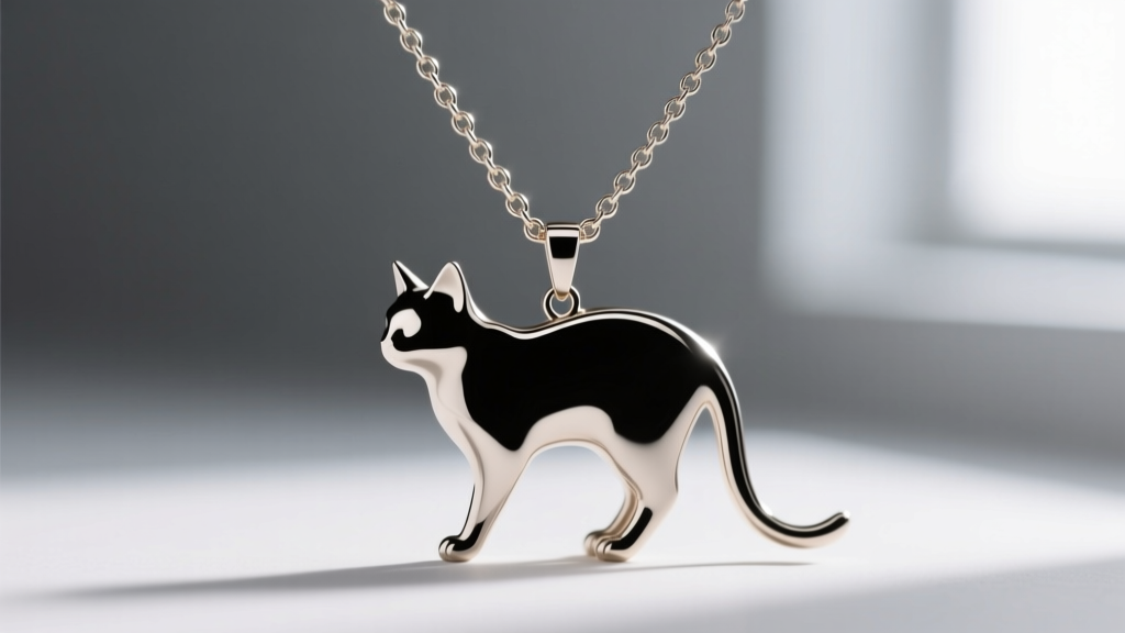 Macro shot of a cat silhouette pendant bail attached to a delicate box chain, demonstrating the center of gravity pivot point