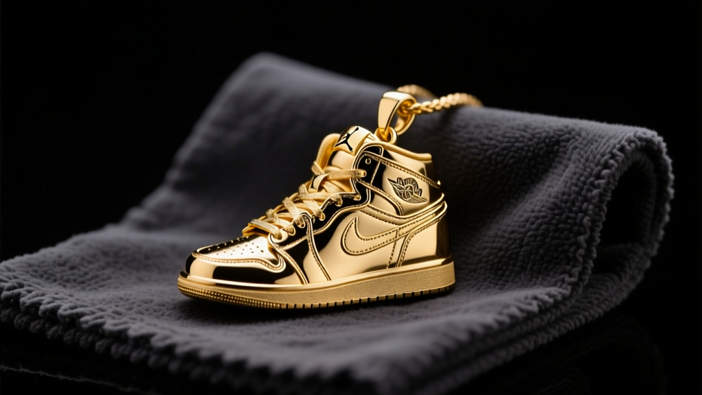 Close-up of a gold-plated Air Jordan sneaker pendant resting on a dark microfiber cleaning cloth under soft studio lighting.