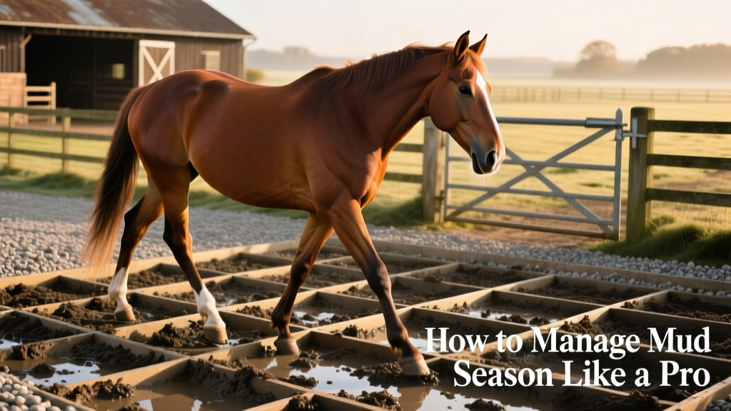 Close-up of a horse walking confidently across a stable, gravel-filled mud grid installation near a paddock gate