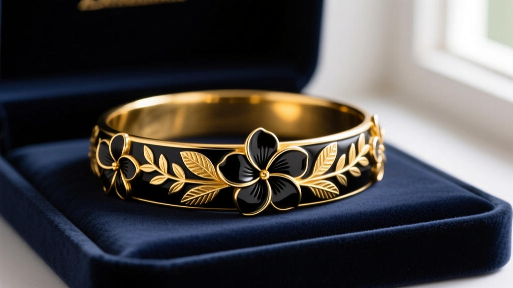 14k yellow gold Hawaiian heirloom bangle with black enamel plumeria and maile leaf motifs on a dark velvet pad