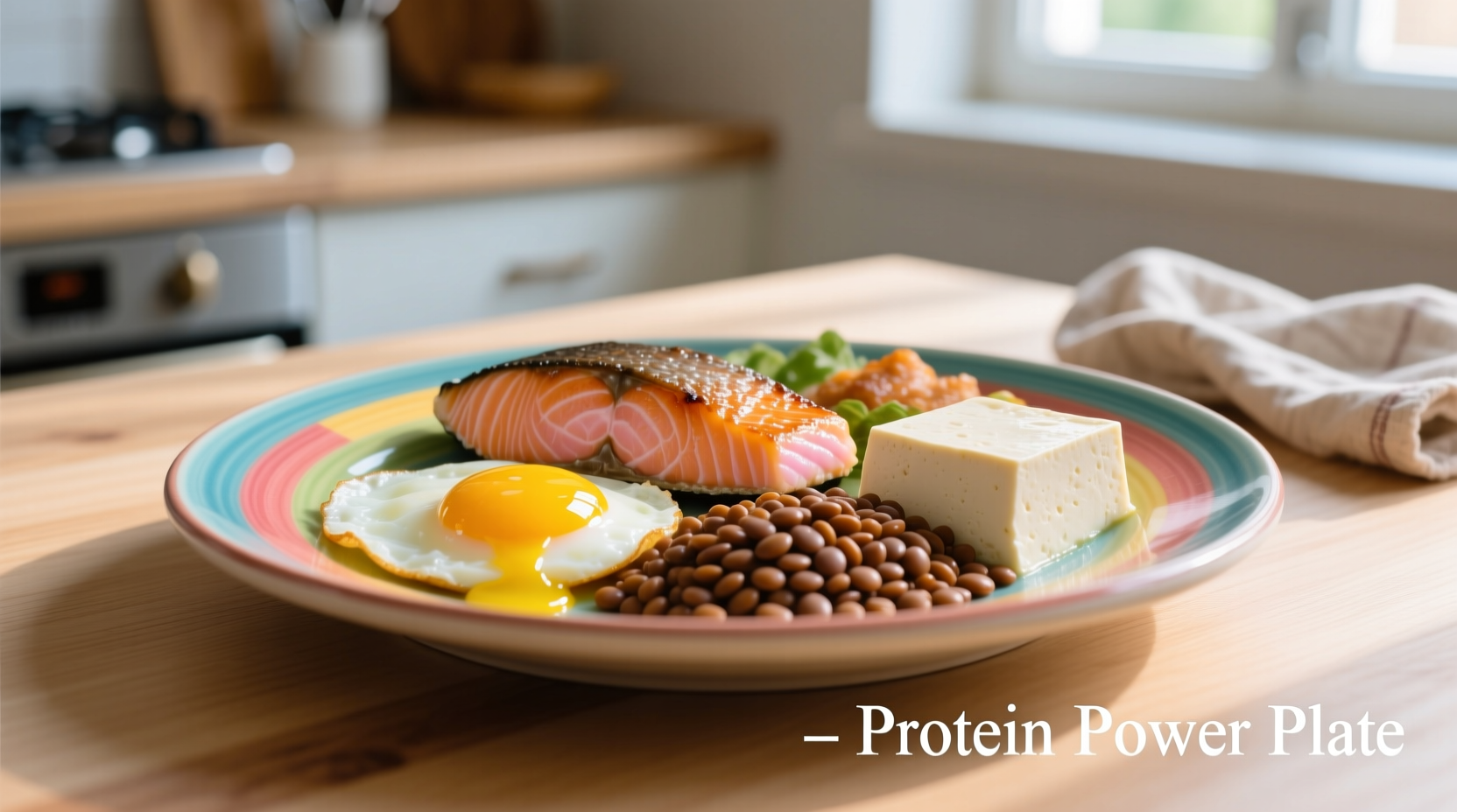 Colorful plate of diverse protein foods including eggs, salmon, lentils, and tofu