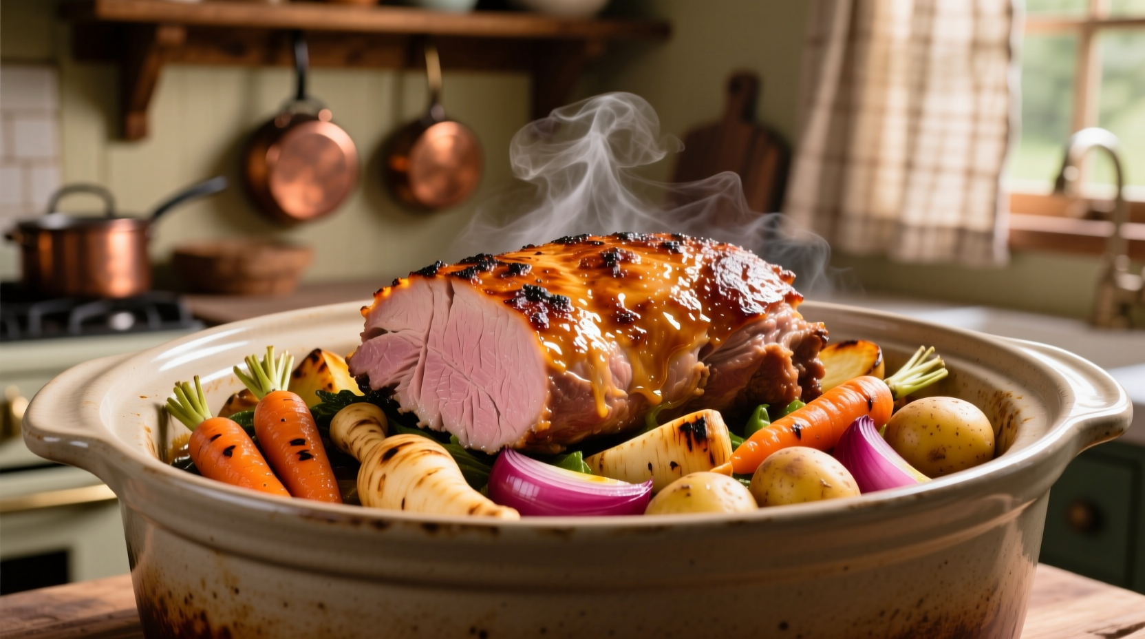 Perfectly cooked crock pot pork tenderloin with vegetables
