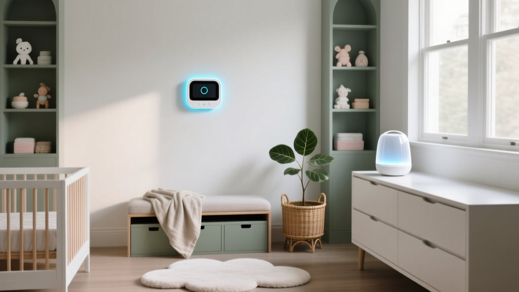 A modern nursery featuring a smart crib monitor mounted on the wall and a glowing white noise machine on the dresser