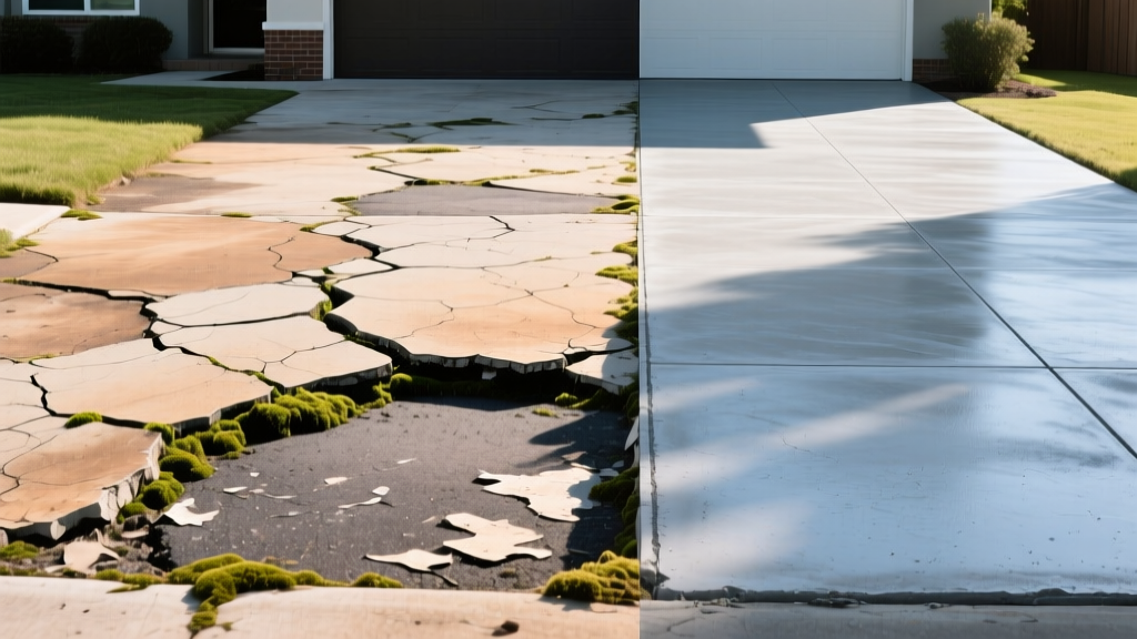 Split view showing sunken cracked driveway on left and freshly poured smooth concrete slab on right under bright sunlight