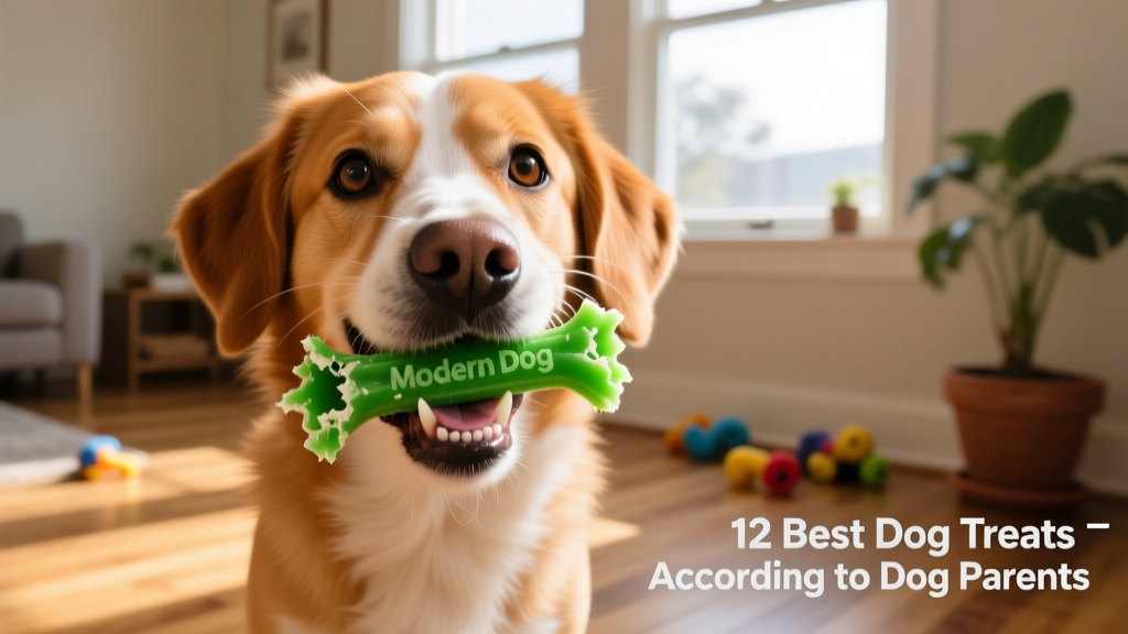 A medium-sized dog happily chewing a green dental treat
