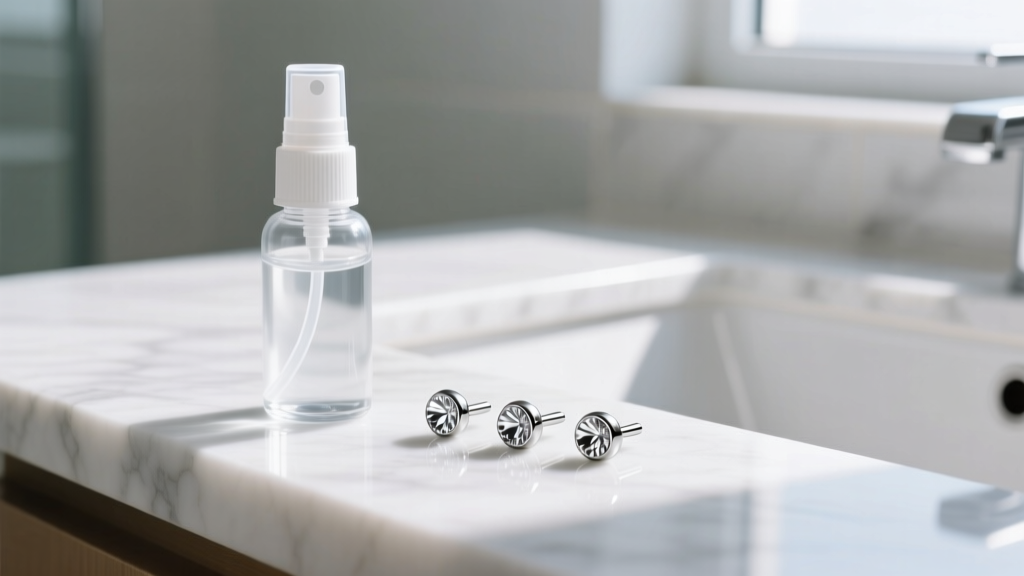Sterile saline spray bottle beside 14-gauge titanium labret studs on a clean marble bathroom counter in bright, natural daylight