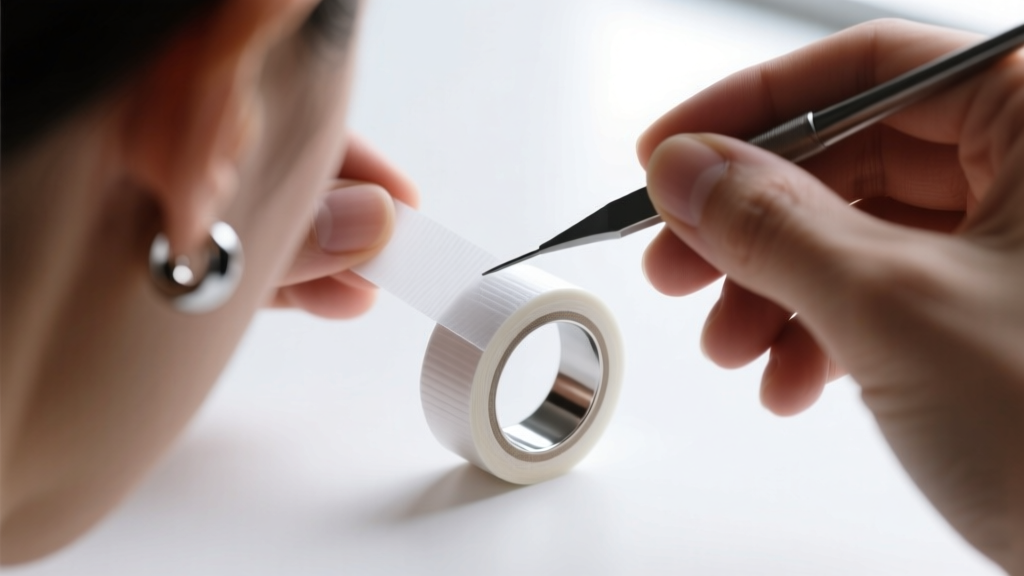 Piercer showing the taping method on a 4-gauge ear spacer, focusing on precise PTFE tape layers wrapped around the jewelry.