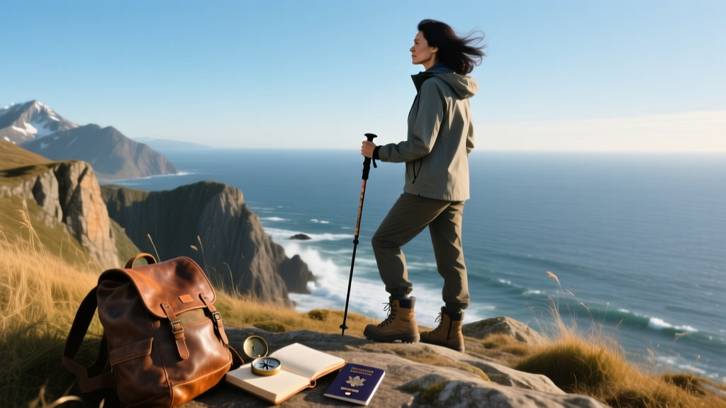Female traveler sitting on top of a mountain staring onto the ocean overseas