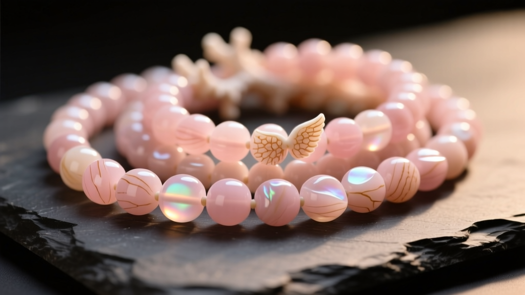 Pale pink vintage angel skin coral beads on dark slate, revealing subtle natural grain lines under soft warm studio lighting.
