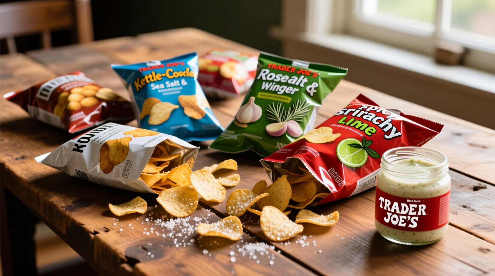Trader Joe's potato chip varieties on wooden table