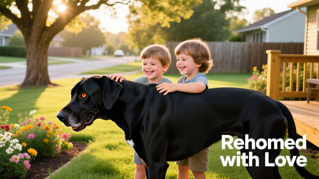 A happy Great Dane playing gently with children in a sunlit backyard, symbolizing a successful, loving rehoming outcome