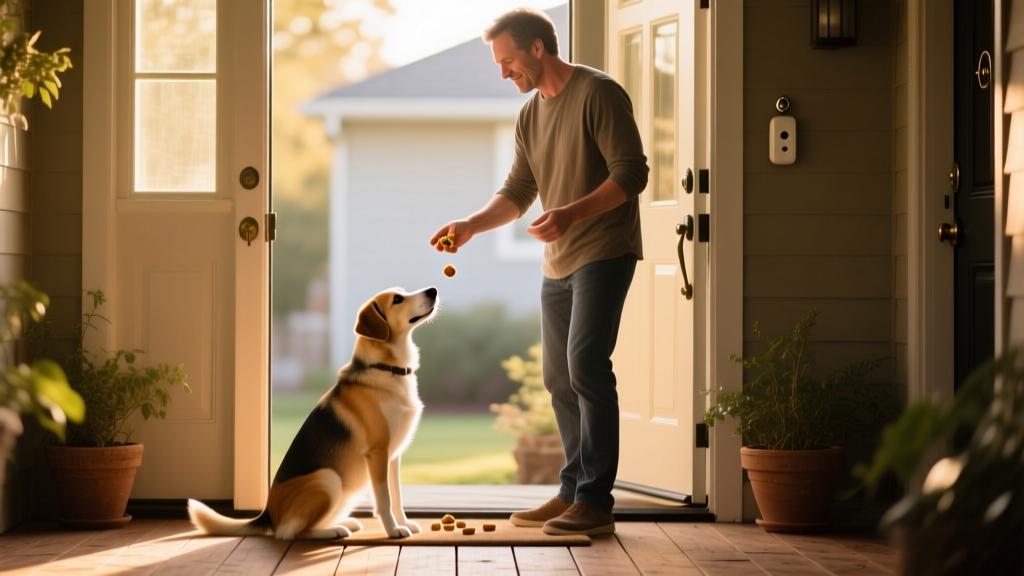 Person calmly tossing small treats to a seated dog positioned several feet away from the front door
