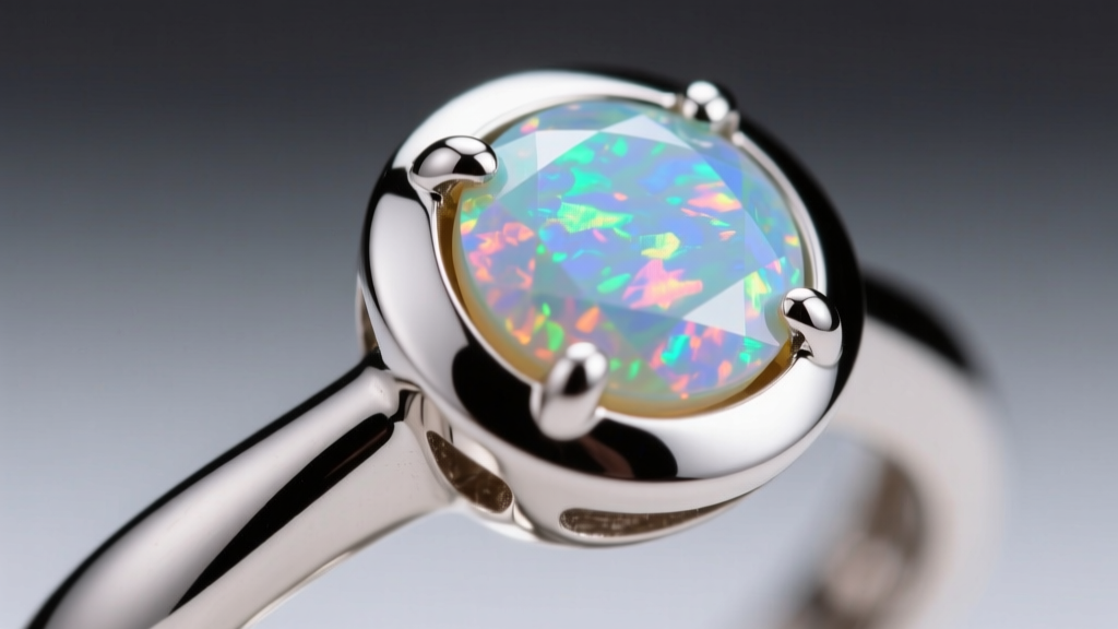 Macro shot of a titanium bezel-set opal body jewelry end, showing the smooth mirror finish and secure prongless gemstone setting