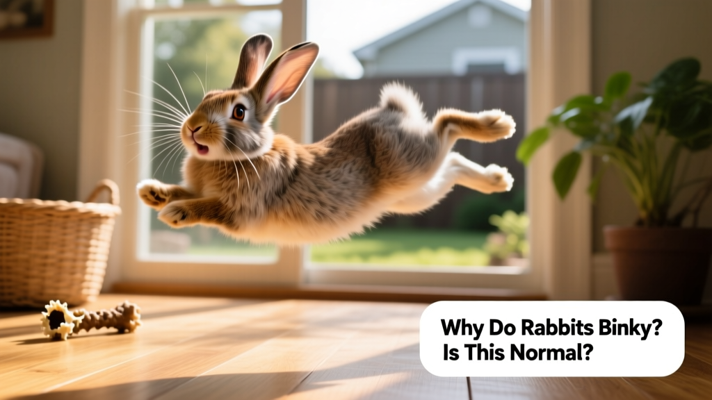 A rabbit mid-binky: leaping into the air with a twist and back leg kick