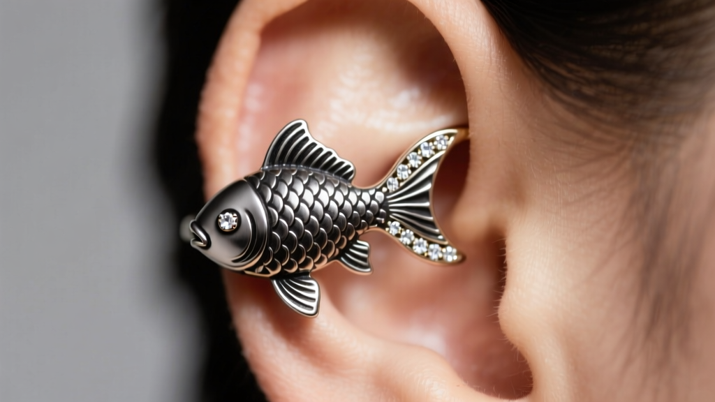 Macro shot of a goldfish ear cuff on the upper helix cartilage, featuring tiny pave diamond accents and dark oxidized silver metal