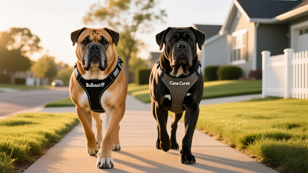 Bullmastiff and Cane Corso walking side-by-side on a suburban sidewalk, both wearing well-fitted harnesses