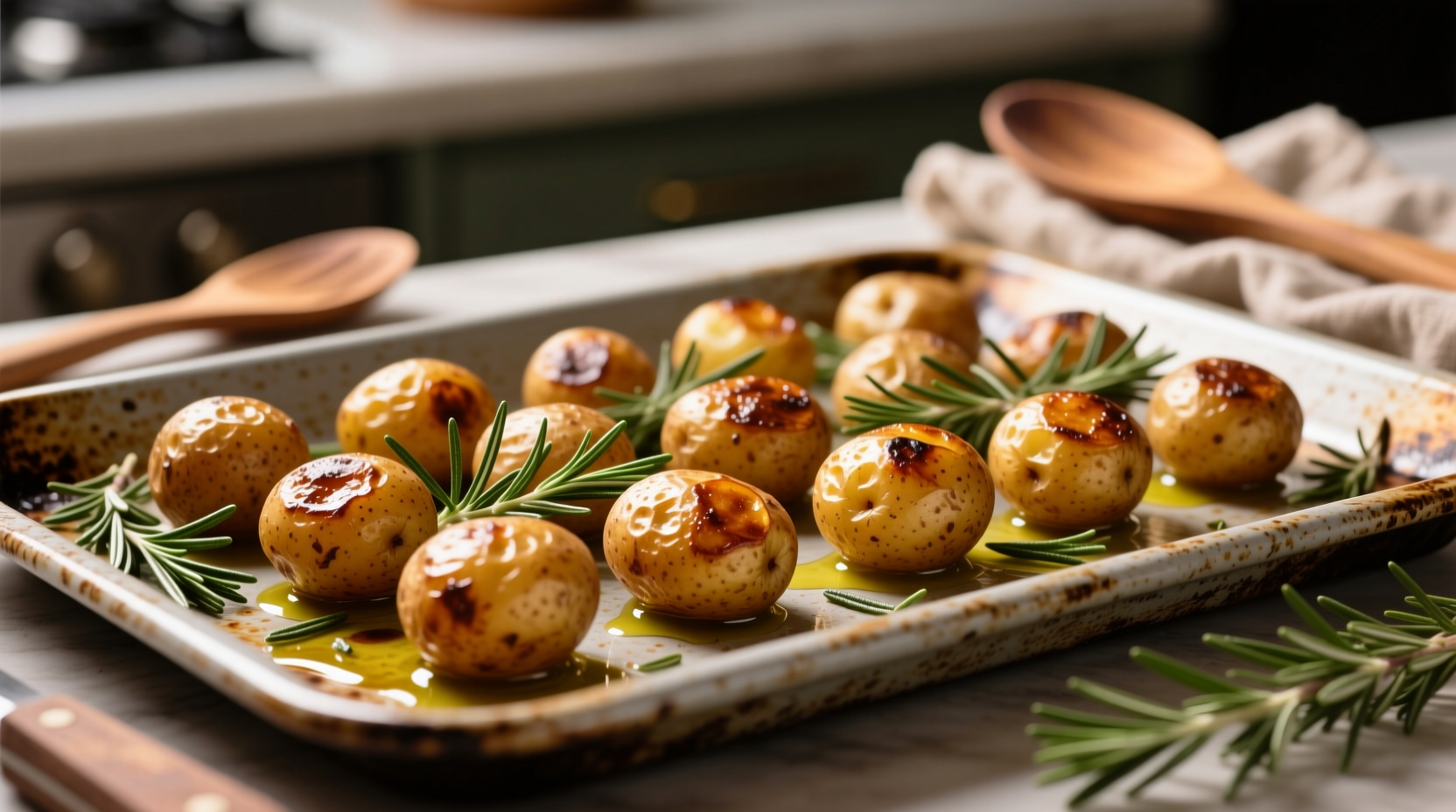Perfectly roasted mini potatoes with herbs on baking sheet