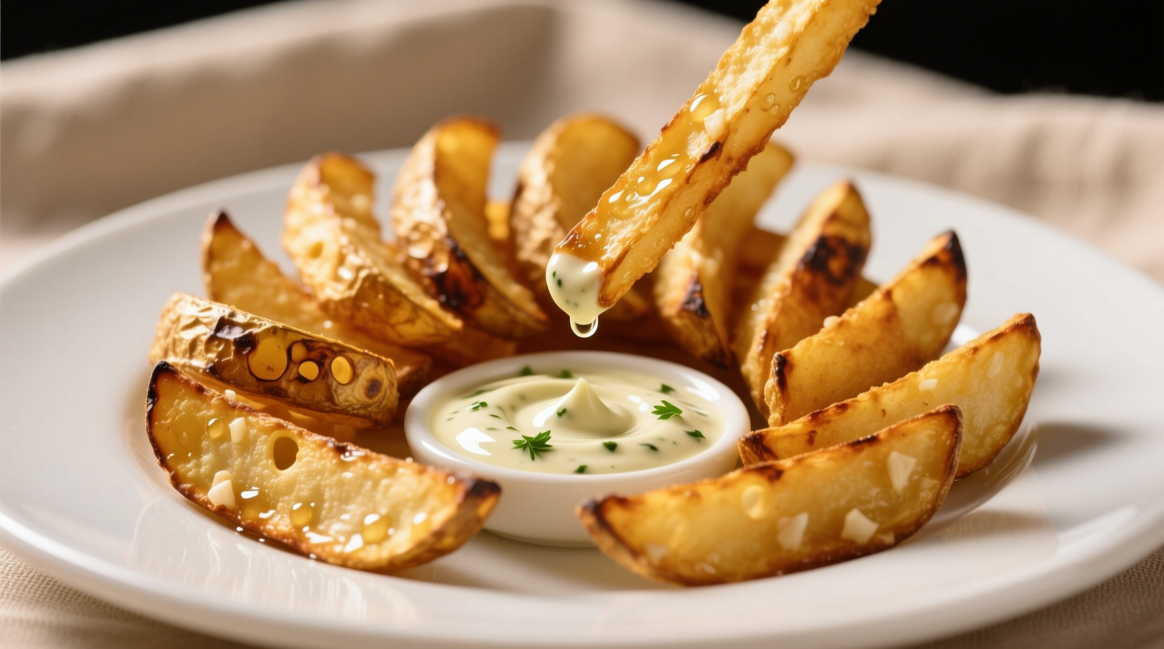 Golden crispy potato sticks on white plate with dipping sauce