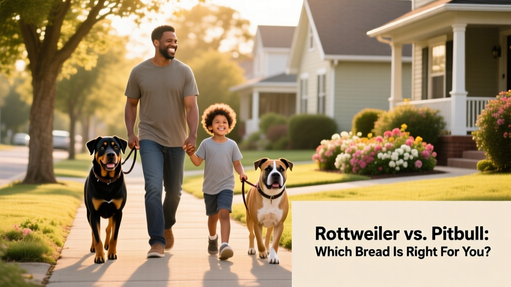A happy family walking a Rottweiler and a Pitbull side by side on a sunny neighborhood street