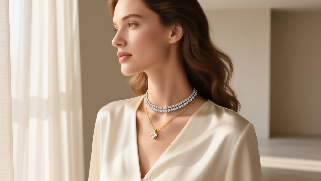 Side profile of a woman layering a diamond tennis choker with a gold pendant necklace over a V-neck silk blouse in soft daylight