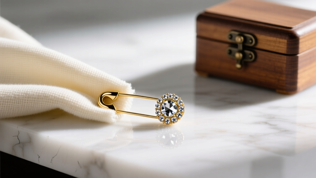 Microfiber cloth wiping rhinestones on a gold safety pin earring, resting on a marble counter near a small wooden jewelry box