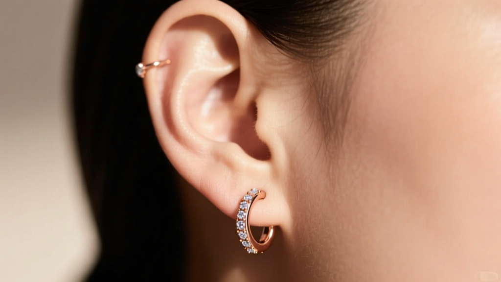 Side profile of an ear wearing an 18k rose gold and diamond huggie in the cartilage, showing the metal