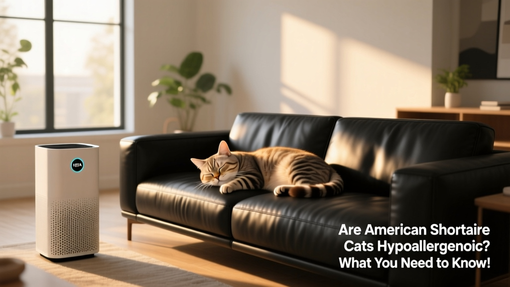 HEPA air purifier operating in a bright, tidy living room with an American Shorthair napping nearby on a leather sofa