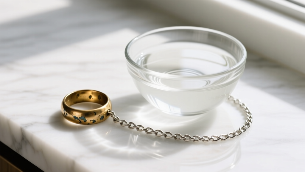 Top-down view of a tarnished brass ring and silver chain next to a glass bowl of clear white vinegar on a white marble countertop