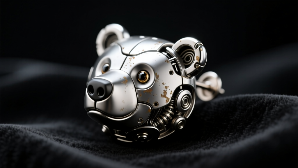 Close-up of a silver-toned bear animatronic face stud earring resting on dark velvet, highlighting slight tarnish on the metal edges.