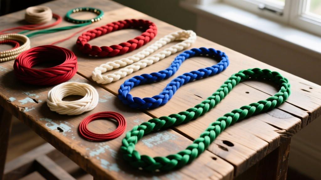 Top-down view of braided silk, waxed cotton, and colorful nylon jewelry cords arranged neatly on a rustic wooden craft table.