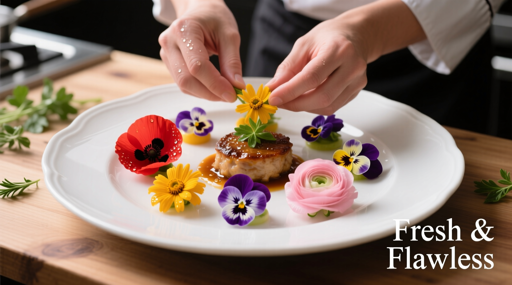 Chef arranging colorful edible flower garnish on plated dish